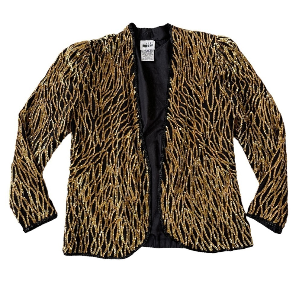 Vintage 80s Leslie Fay Black Gold Sequin Silk Blazer Women’s Medium Party